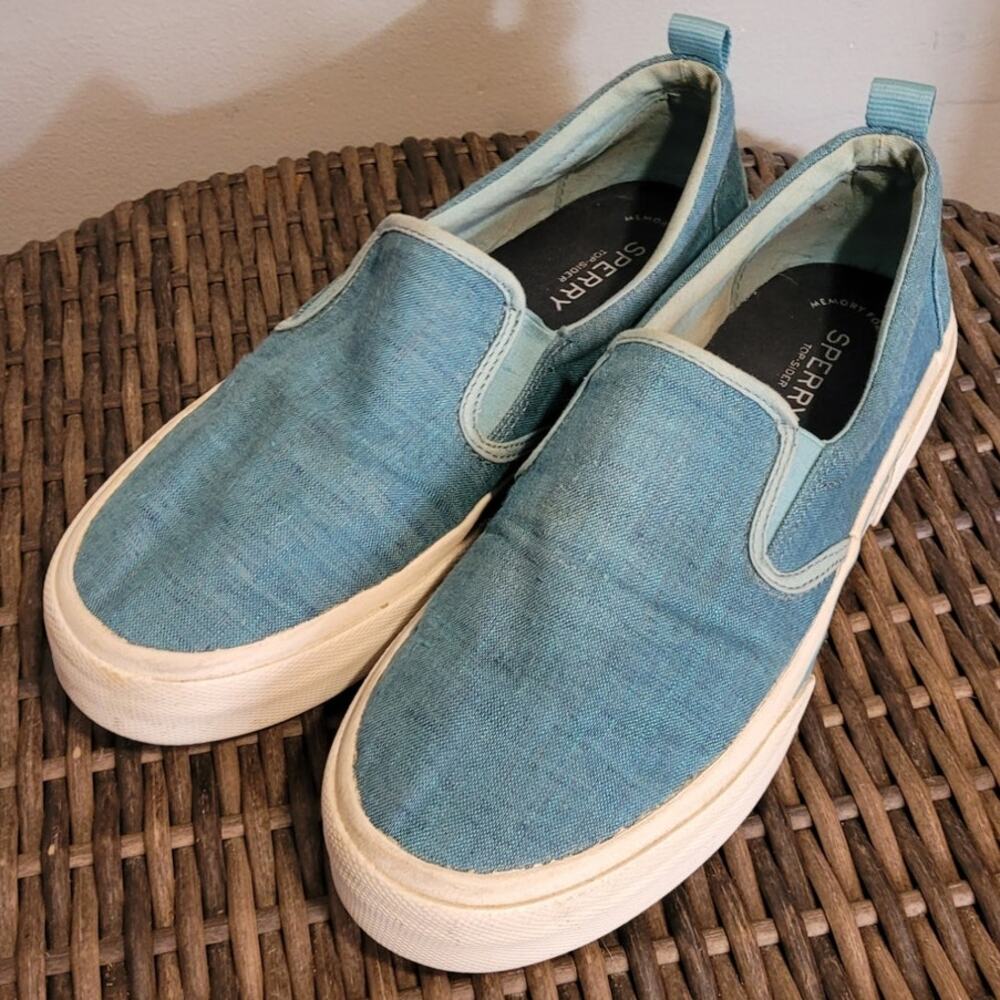 SPERRY Top-Sider Teal Green Chambray Slip-On Sneakers Sz 10 Coastalcore Quietlux